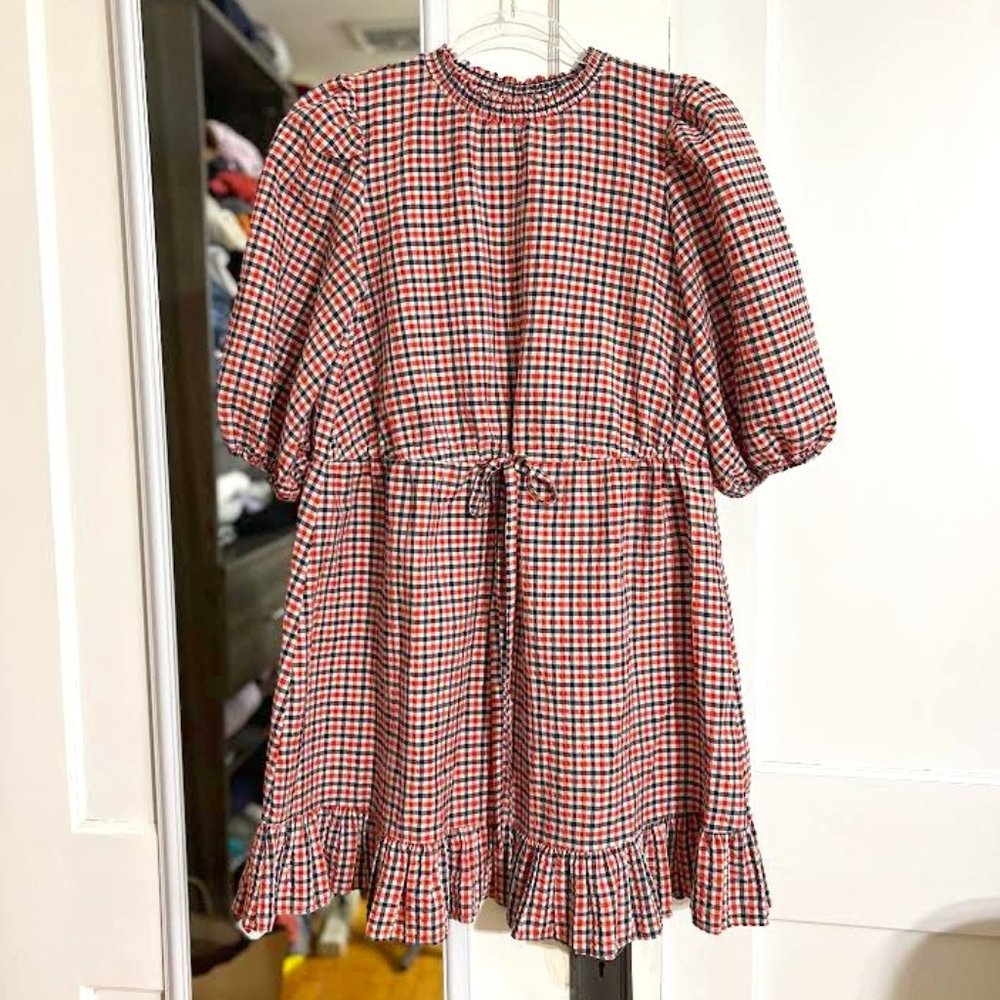 ASOS High Ruffle Neck Mini Textured Gingham Dress With Drawstring Waist - Size 2